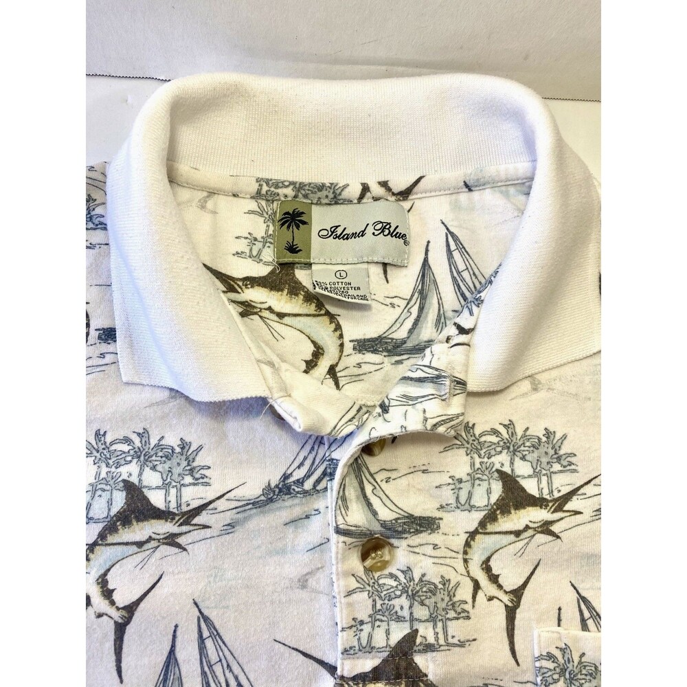 Island Blue Mens Polo SHARK Shirt Sz Large 3 Button Collar Beach